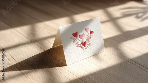 Handcrafted greeting card with artistic heart design showcasing delicate watercolor hues and soft shadows on a warm wooden surface