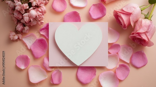 Heart Shape Card Surrounded by Pink Rose Petals and Flowers on Soft Pink Background for Love and Romantic Themes