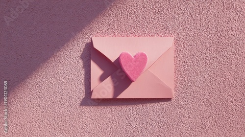 Pink Envelope with Heart-Shaped Decoration on a Soft Pink Wall, Perfect for Love Notes and Romantic Messages, Ideal for Valentine's Day or Love Themes