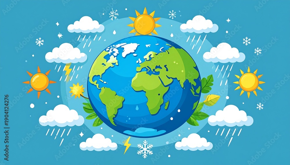 Naklejka premium A vibrant illustration depicts Earth surrounded by various weather phenomena. Clouds, suns, rain, snow, and lightning encircle the globe