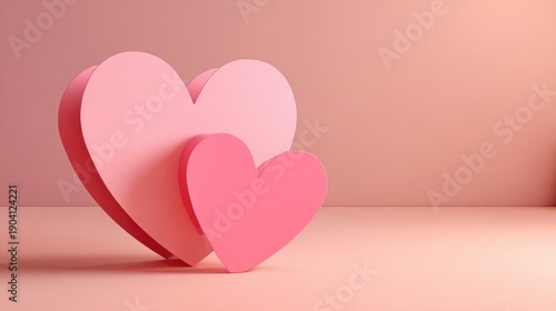 Two pastel pink hearts of different sizes on a soft pink backdrop symbolizing love, affection, and romance for various seasonal celebrations and events