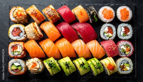 Wallpaper Mural Assortment of Fresh Sushi Rolls and Nigiri on a Dark Slate Platter. Torontodigital.ca