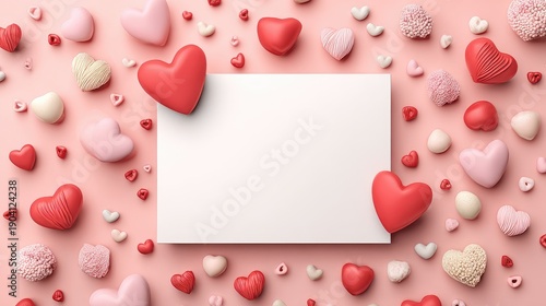 Romantic Heart Decorations on Pink Background with Blank Card for Creative Design, Love, Valentine's Day, and Wedding Invitations