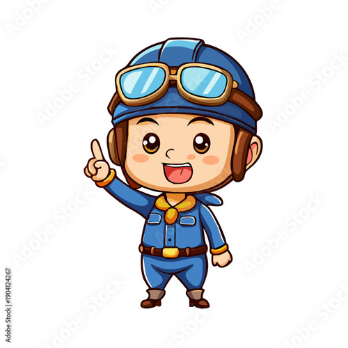 A cute cartoon pilot character in a blue uniform and vintage helmet pointing his finger upwards.