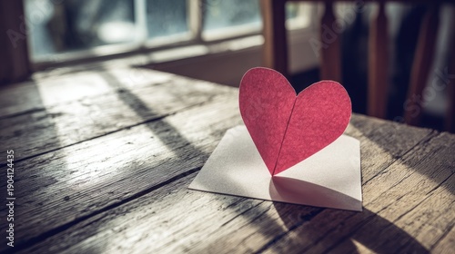 Romantic Heart Shape Paper Card on Rustic Wooden Table with Natural Light and Shadows Highlighting Love and Affection in Cozy Atmosphere