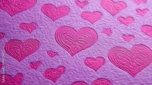 Textured background featuring various hearts in pink shades on a soft purple surface, perfect for romantic themes and creative designs.