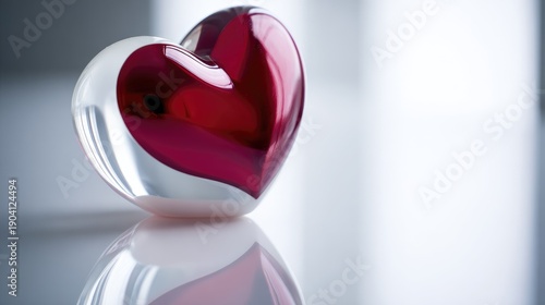 Elegant Glass Heart Decoration in Red and White Colors Reflecting Light on a Smooth Surface for Romantic and Love Themes