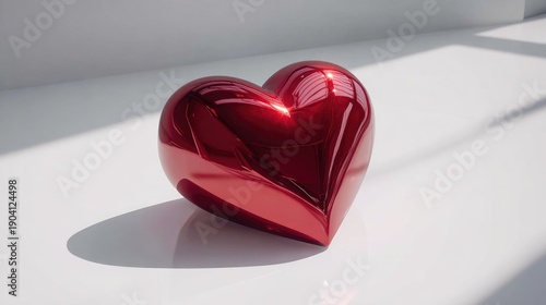 Shiny Red Heart Shape on a Bright Surface with Soft Shadows in Natural Lighting for Romantic and Love-themed Concepts