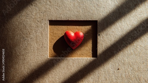 Red heart on brown background with dramatic shadows, symbolizing love, passion, emotion, and affection in a simple yet elegant composition