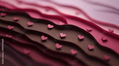 Colorful Waves of Paper with Tiny Heart Shapes on Smooth Surface for Creative Valentine's Day and Love-Themed Backgrounds and Designs