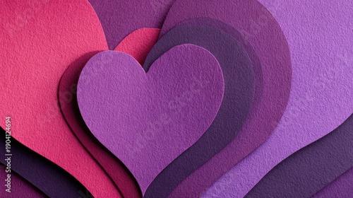 Colorful layered hearts in shades of pink and purple arranged in a decorative pattern for Valentine's Day, love concepts, or romantic occasions.