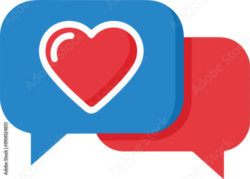 Blue and red speech bubbles with heart symbol love