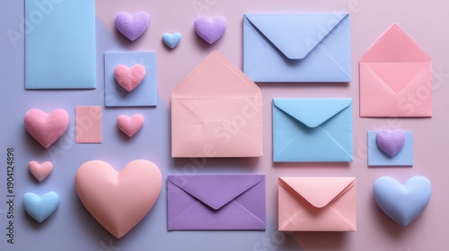 Colorful Envelopes and Hearts on Soft Background for Romantic or Friendship Themes, Ideal for Valentine's Day or Love Message Designs