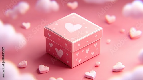 Cute Pink Gift Box Surrounded by Heart Shapes and Soft Clouds on a Whimsical Pink Background for Romantic or Celebration Themes