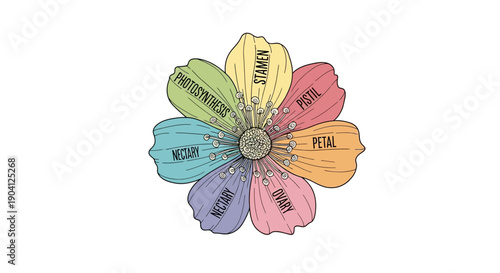 Vibrant flower diagram showing parts of a flower