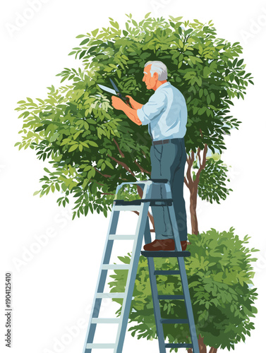 A senior man pruning tree branches while standing on a step ladder - common causes of falls and accidental injuries