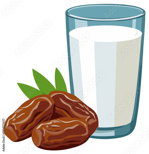 Healthy nutritious glass of milk with sweet dates and green leaves, traditional food and drink illustration