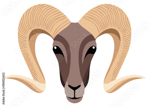 Stylized Ram Head with Large Curved Horns Vector Illustration