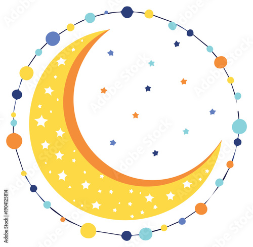 Stylized yellow crescent moon with stars surrounded by a colorful string of beads and small stars in a circular pattern.