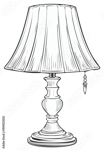 Ornate classic table lamp illustration with pleated shade and decorative pull chain