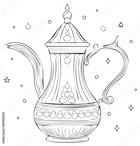 Line art drawing of decorative teapot or coffee pot with embellishments