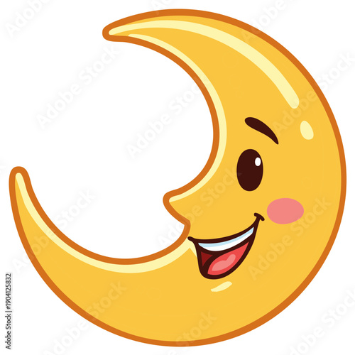 Smiling Crescent Moon Cartoon Character Illustration, Gold Color, with Face