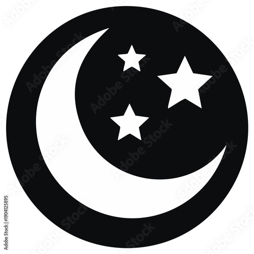 Crescent Moon and Stars in a Circular Frame: Night Sky Celestial Design in White and Black