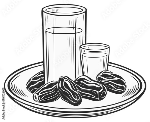 Two glasses of milk and dates on a platter, hand-drawn sketch