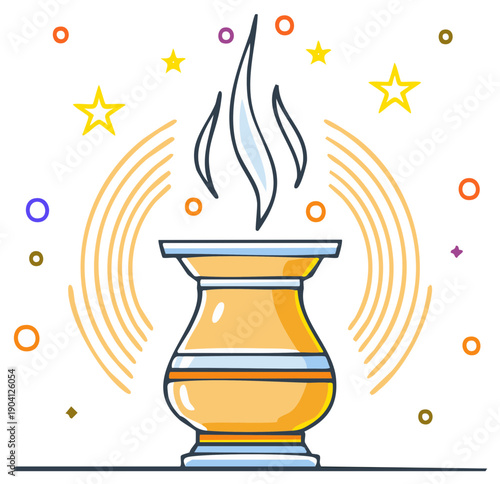 Golden aromatherapy diffuser with elegant smoke and sparkling stars artistic illustration