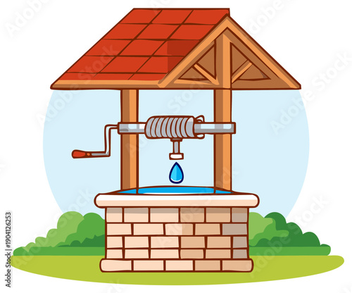 Cartoon illustration of a vintage brick water well with a crank and falling water drop