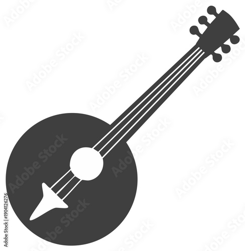Stylized Banjo Musical Instrument Minimalist Icon, Four Strings, Circular Body, Guitar Neck, Folk Music