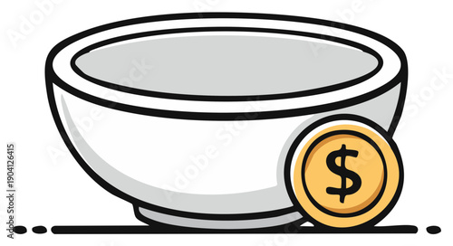 Empty bowl with coin symbolizing donation or charity in simple flat design style