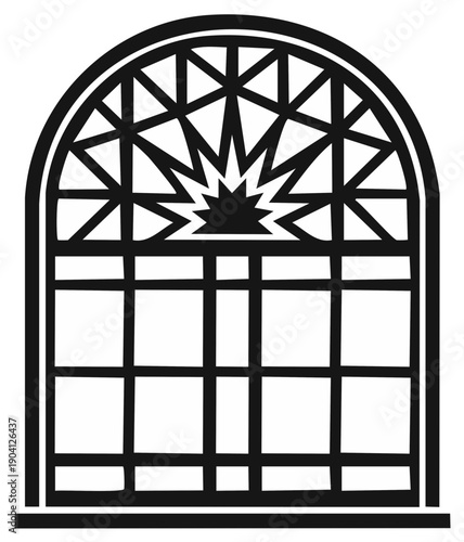 Ornate arched window with geometric leaded glass and a radiating starburst pattern