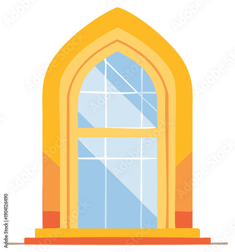 Elegant arched window with golden yellow frame and blue glass panels graphic