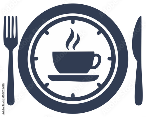 Conceptual dining icon with plate clock, cutlery, and steaming cup symbolizing meal timing and time management.