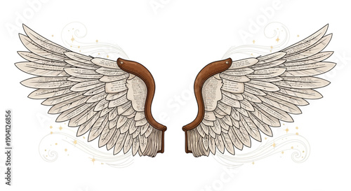 Elegant angel wings made from book pages with swirling designs