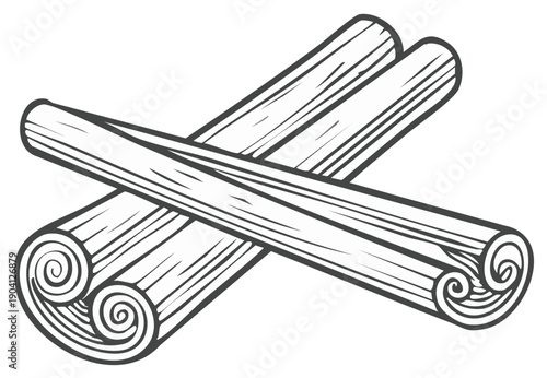 Illustration of Two Cinnamon Sticks Criss-Crossed on White Background; Detailed Graphic Style