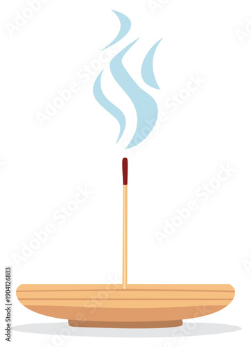 Burning incense stick with smoke, wooden holder, abstract illustration