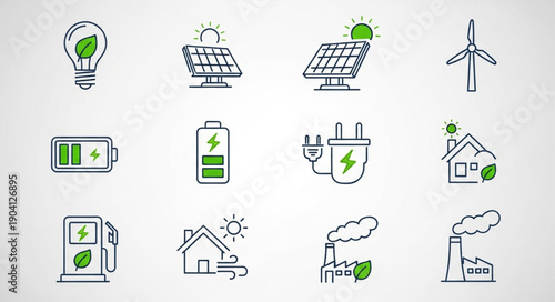 Set of clean energy icons with green leaves and sun.