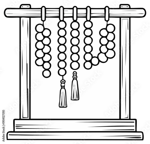 Buddhist Prayer Beads Hanging on a Wooden Stand with Tassels