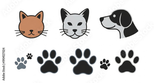 Set of cartoon cat and dog faces with paw prints.