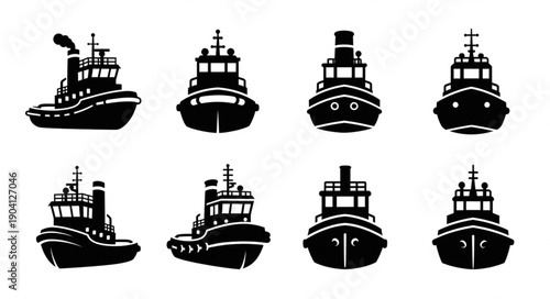 Set of Eight Black Silhouette Tugboat Icons.