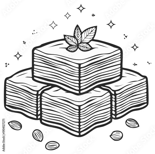 Hand Drawn Illustration of Baklava Dessert with Mint Leaves and Almonds, Black and White Vector