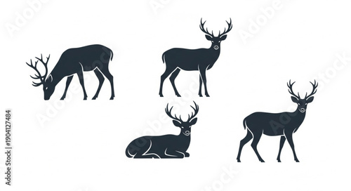 Set of Deer Silhouettes in Various Poses.