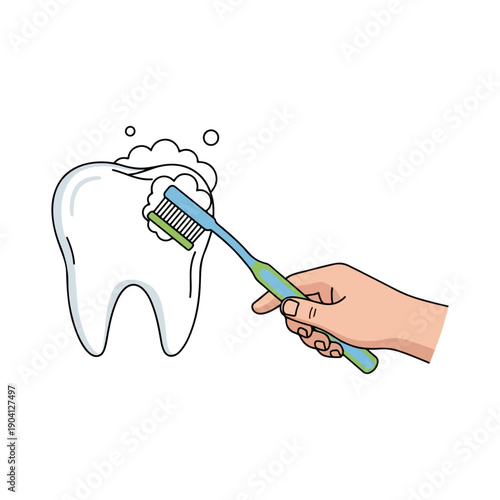 Hand Brushing Tooth with Toothbrush Dental Care Hygiene Illustration