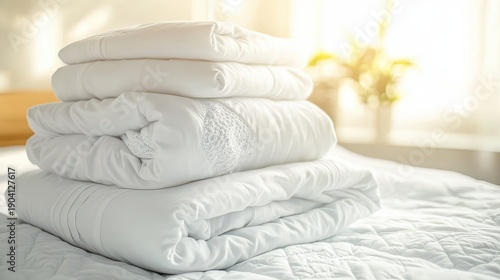 A neat stack of clean white cotton sheets and pillowcases folded and ready on a bed