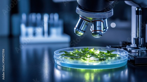 A laboratory microscope examining a petri dish containing green plant leaves under bright illumination