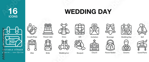Wedding Day icon set. Includes wedding, marriage, bride, groom, ceremony, romance and More. Editable Stroke Icon Collection.