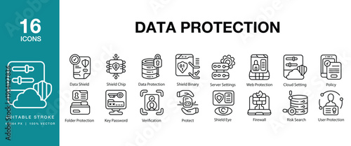Data Protection icon set. Includes data protection, privacy, cybersecurity, encryption, firewall and More. Editable Stroke Icon Collection.