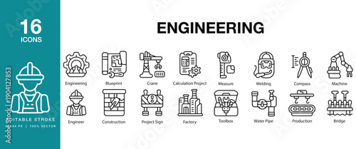 Engineering icon set. Includes engineering, construction, blueprint, machinery, industry and More. Editable Stroke Icon Collection.
